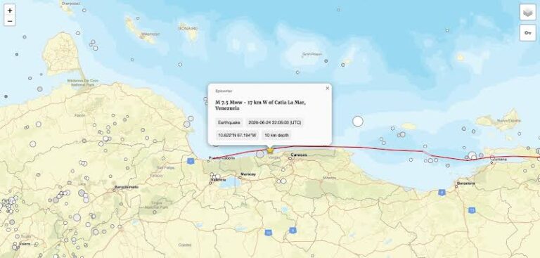 Servicio Geológico de EEUU reubica epicentro del segundo sismo del 24 Junio frente a Catia La Mar